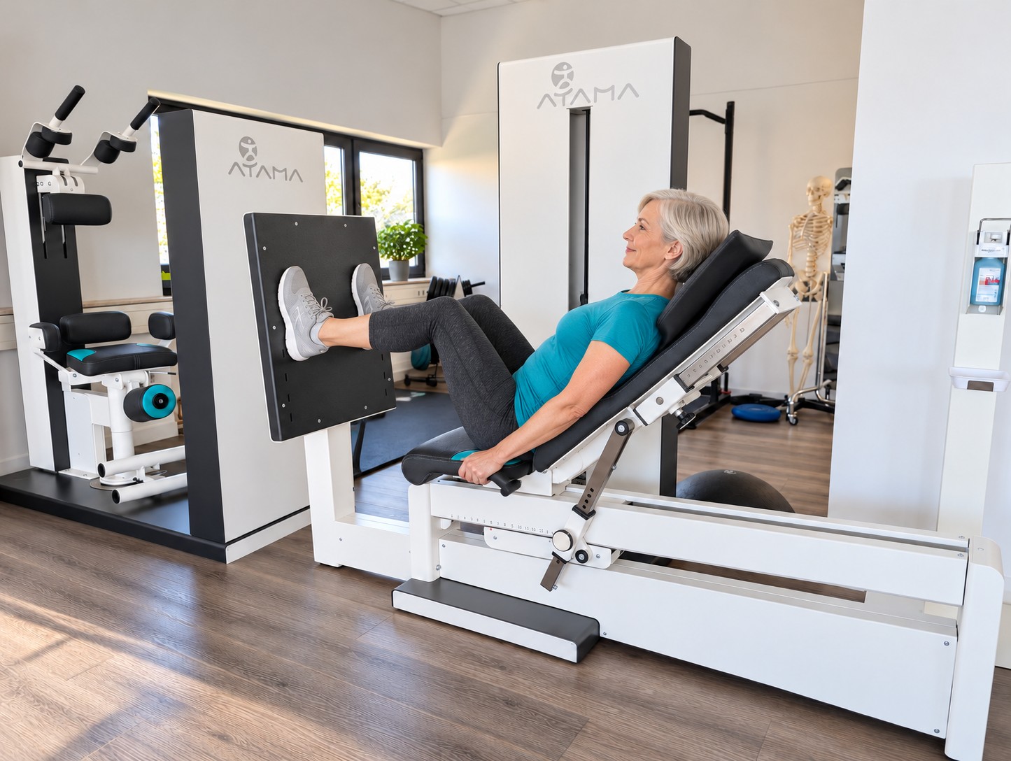 Patientin bei einer Übung an der therapeutischen Beinpresse